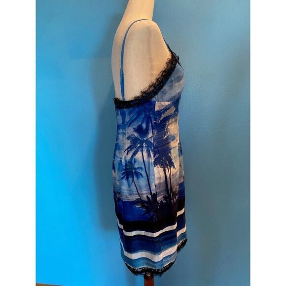 NWT Le Superbe Blue Tropical Print Slip Dress Summer Spaghetti Strap Lace Trim 0 - Picture 5 of 10